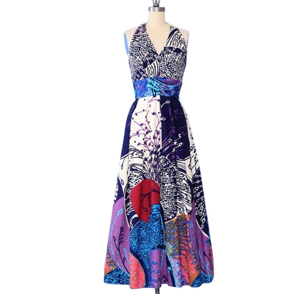 60s Vintage ILGWU Union Tag Barkcloth Maxi Dress Cutout Halter Open Back XS